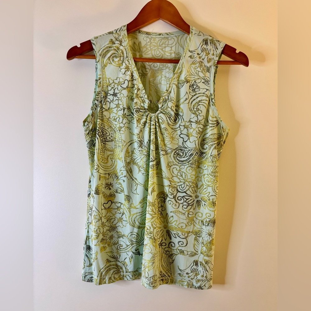 OLSEN Green and Gold Ruched Sleeveless Tank Top